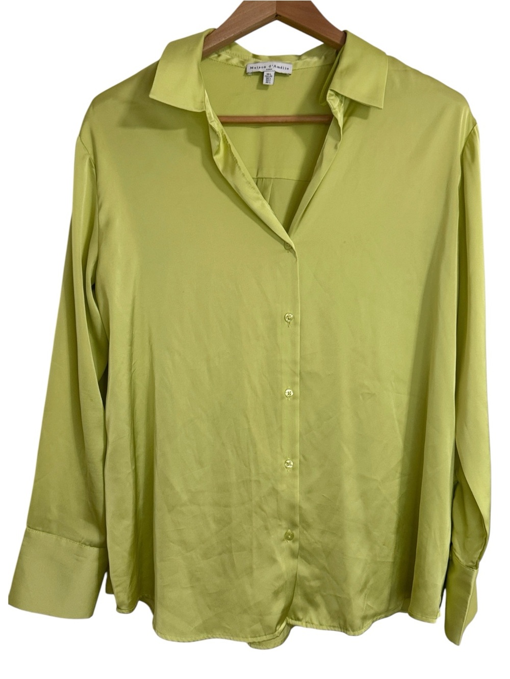 Maison d’Amélie Paris Lime Green Satin Button Down Blouse size L